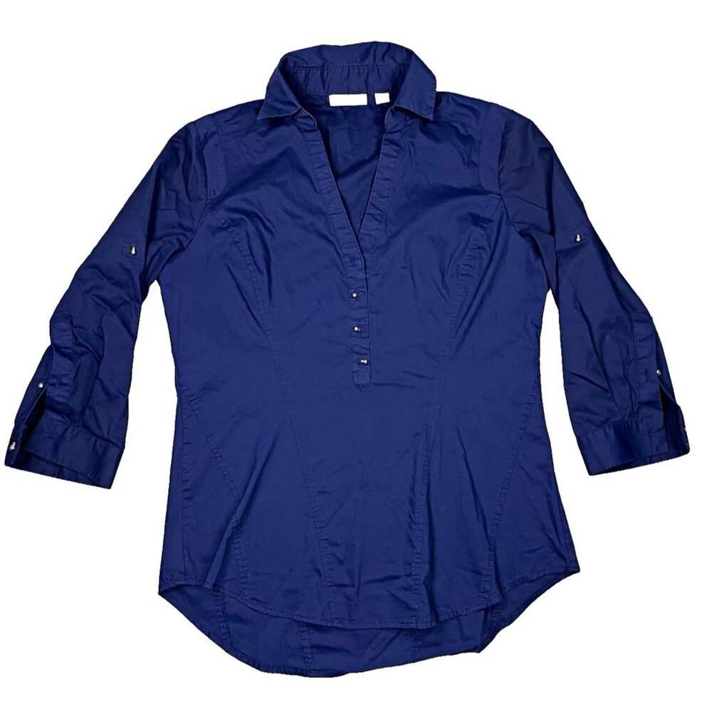 New York & Company Blue Collared V-Neck Roll Tab 3/4 Sleeve Blouse Women Small S